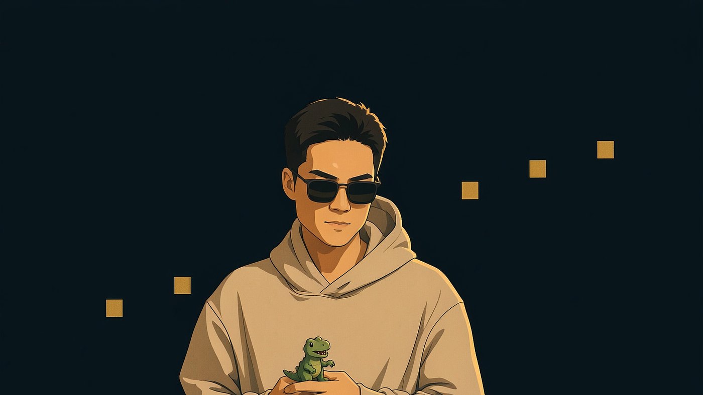人物意象插图：一位不到三十岁的东亚男性半身像，脸型偏窄，眉毛直，戴一副深色墨镜，黑色短发向一侧梳；素米杏色连帽卫衣，双手在身前捧着一只很小的绿色玩具恐龙，正面看向观者；深靛蓝近黑底，暖金边光自右侧勾出轮廓；身后五枚等距的小暖金方块，排成一条自左下向右上缓升的斜线