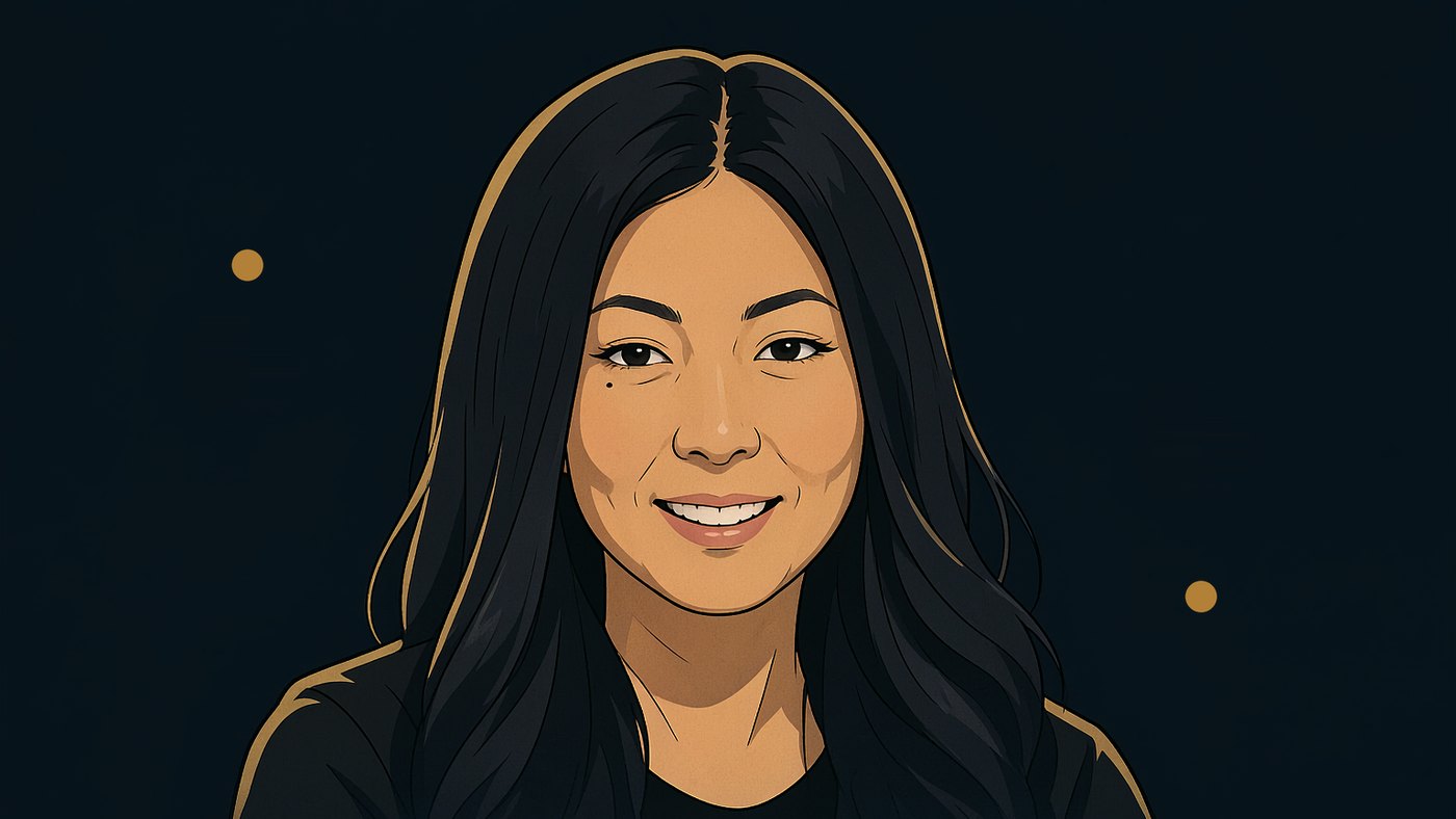 Esther Taylor 的半身插画:中分黑色长发垂到肩下,眉形清晰,左眼下方有一颗小痣,微笑时露出牙齿,穿深色上衣,正面平视;身后深靛蓝冷色底上、画面左右两侧各有一枚等大的实心暖金圆点,两枚呈斜向一对(左点圆心落在画面横向约 17%、纵向约 32% 处,右点圆心落在横向约 82%、纵向约 73% 处),两枚直径都约为画面高的 4%,两点之间完全留空、没有任何连线,整组只走在人物轮廓之外的暗底上