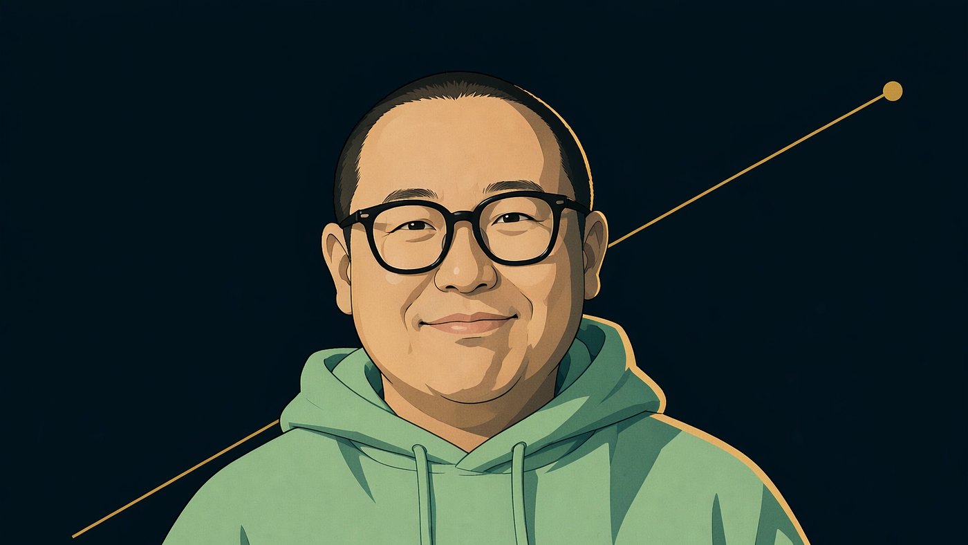 人物意象插图：一位四十来岁的东亚男性半身像，圆润脸型、额头高，黑色极短发梳平，戴厚黑圆框眼镜，细眉，眯眼含笑，鼻梁宽平，抿嘴而笑，浅薄荷绿连帽卫衣；深靛蓝近黑底，暖金边光自右侧勾出轮廓；身后一道极细的暖金直线自左下缓升向右上，末端收成一个小实心圆点