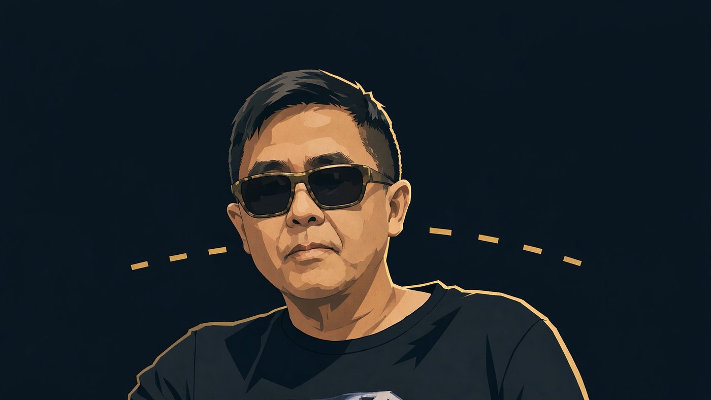 人物意象插图：一位五十多岁的东亚裔男性半身像，头发黑色带灰、向后梳，脸型偏宽，下巴方，戴一副深色墨镜；黑色圆领短袖上衣，右手在身前虚握，正面看向观者；深靛蓝近黑底，暖金边光自右侧勾出轮廓；身后一段暖金虚线，共五小段，每段等长、间隔依次变小