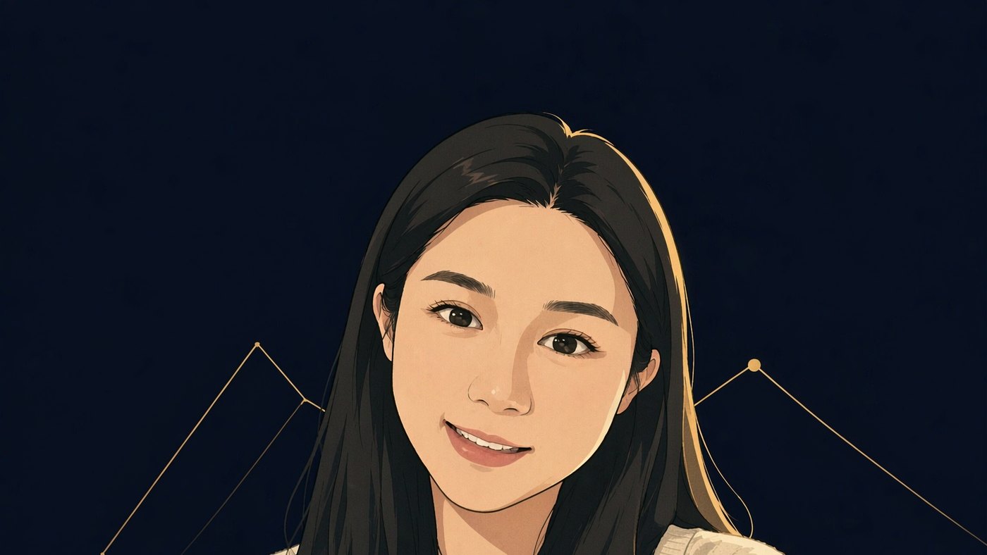 人物意象插图：一位三十岁左右的东亚女性半身像，鹅蛋脸，眉毛浓而平直，眼睛偏大，黑色长直发披肩，浅笑看向观者；米白色针织开衫，双手交叠放在身前；深靛蓝近黑底，暖金边光自右侧勾出轮廓；身后一道极细的暖金折线，先下降再上升，转折处收成一个实心小圆点