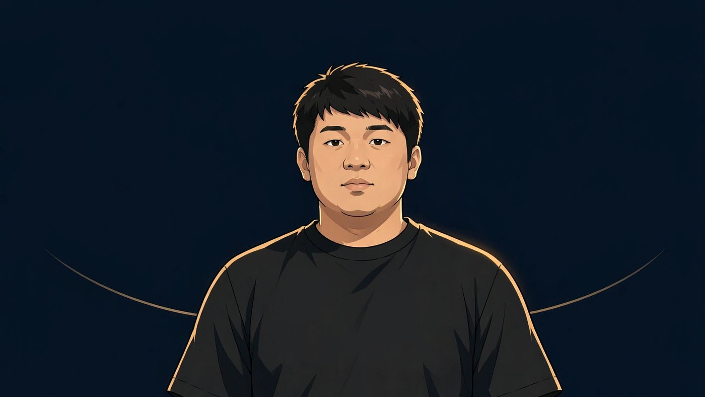 人物意象插图:一位三十多岁的亚洲男性半身像,黑色短发剪得利落、额前有短刘海,圆脸、面颊饱满,肩宽体壮,神情镇定平视,黑色圆领短袖;深靛蓝近黑底,暖金边光自右后方勾出肩线,身后横着一道两端微微上翘的浅 U 形细弧线