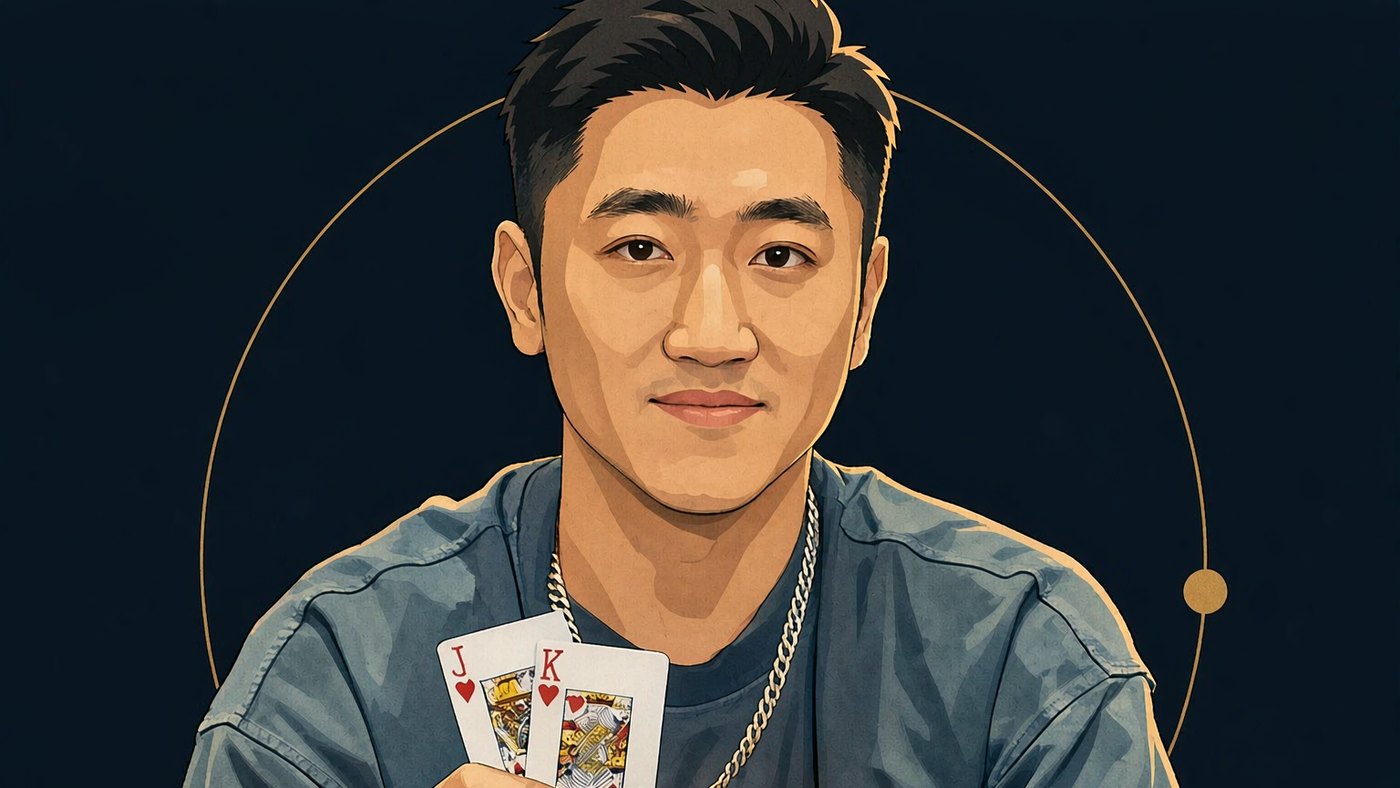 人物意象插图:一位三十来岁的东亚男性半身像,圆脸,眉毛浓而平直,单眼皮,黑色短发偏分,嘴角含笑;灰蓝色牛仔夹克,脖子上一条细金链,双手举在胸前托着两张纸牌;深靛蓝近黑底,暖金边光自右侧勾出轮廓;身后一枚极细的暖金圆环,圆环右下方有一个小的实心暖金圆点