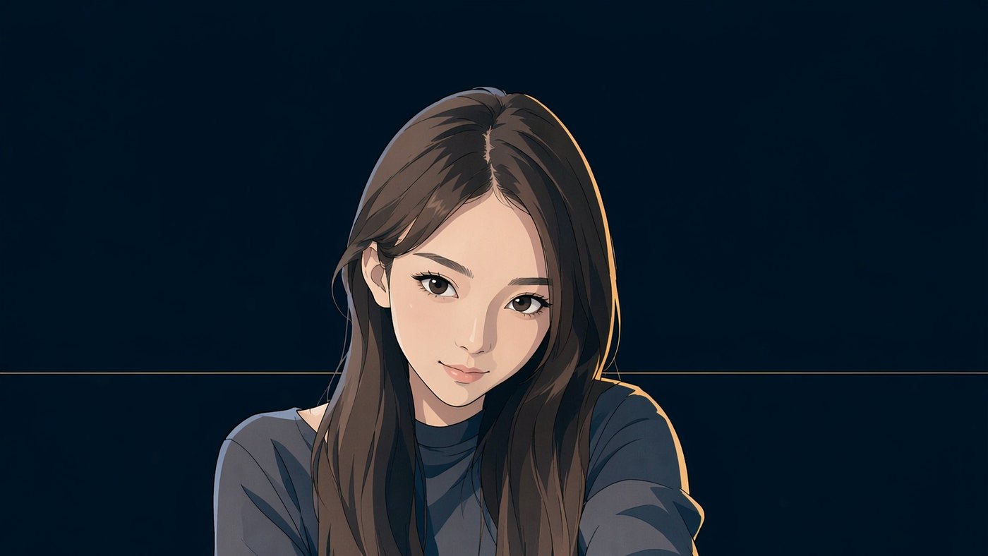 人物志封面插画:一位二十多岁的东亚女性,半身居中偏上,面朝前方、双眼睁开可见、神情平静略带浅笑;长发笔直、深棕色,中分略偏、垂过双肩;额头光洁,眉形平缓,眼睛为杏仁形,鼻梁挺直,双唇自然闭合、未露齿;身穿深灰色针织上衣,双手不在画面内。暖金色边光自画面右侧勾出她同侧的头发、颊线与肩线,暗面偏冷蓝。背景为深靛蓝近冷黑的空场,身后一道极细的水平金线自左缘进入、在人物身后断开一小段后于同一高度续接到右缘,全程位于人物身后、未与头肩交叠。画面内无任何文字、数字、字母或图案。