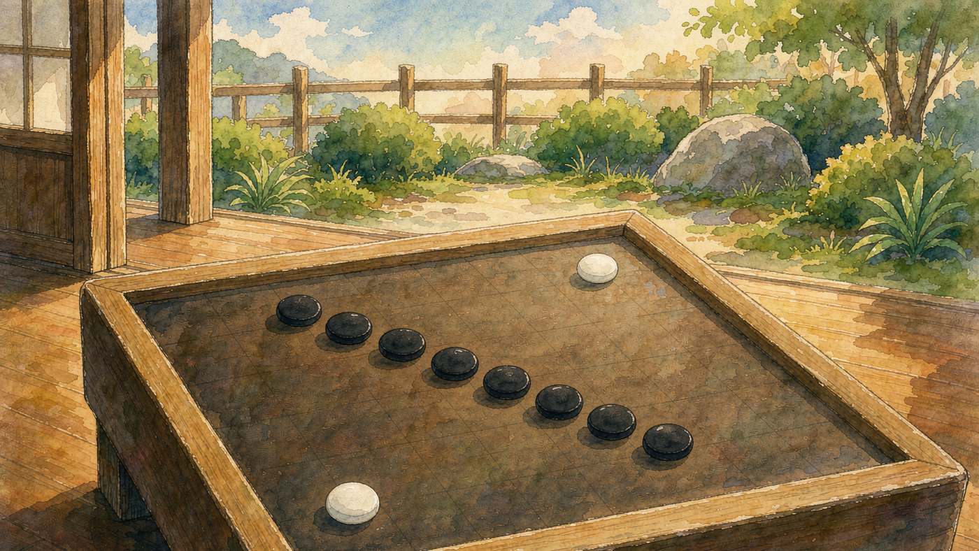 木廊上的一副围棋盘,黑子连成一条斜线,两枚白子远远分开