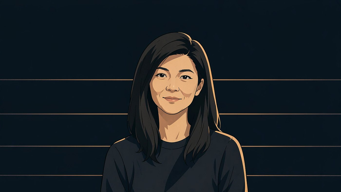 人物意象插图：一位四十岁上下的亚洲女性半身像，黑色中长直发垂至肩下，脸型清瘦、颧骨与下颌线清晰，嘴角带浅笑，深色圆领长袖；深靛蓝近黑底，暖金边光自右后方勾出肩线与发缘，身后有四段彼此等距的水平细线