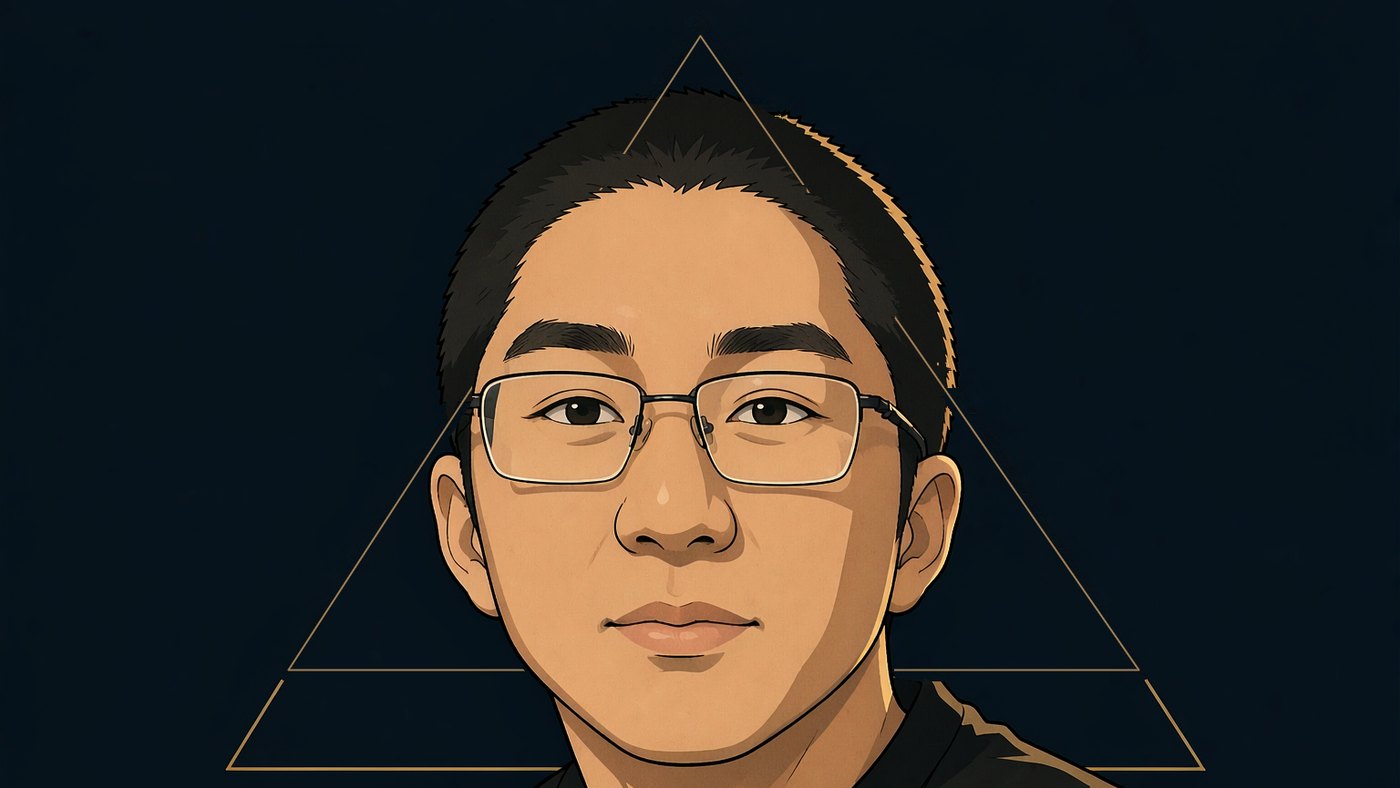人物志封面插画:一位三十多岁的东亚裔男性,半身居中、面部正对观者,双唇闭合、神情平静。黑色短发剪得很短,发际线偏高、额头宽阔,两侧鬓角短而整齐。眉毛浓黑、平直、略粗;眼睛深棕、杏仁形,目光平直;鼻梁挺直;唇形适中;脸型偏方,下颌略宽。戴一副细金属框的矩形眼镜。上身穿深色圆领上衣,没有任何印花。躯干自然融进暗底,画面下缘没有横切边。暖金色边光自画面右侧勾出颊线与同侧肩线,暗面偏冷。背景为深靛蓝近冷黑的空场;人物身后一个由极细暖金直线组成的闭合三角形,顶点朝上、悬在人物头顶上方,两条斜边自上而下向两侧展开、在头部与肩部处被遮断,底边水平横贯画面下部、中段被躯干挡住,只在躯干两侧各露出一段;三角形内部不填色,三边首尾相接,全部位于人物身后,未与面部交叠。画面内无任何文字、数字、字母或图案,也没有手。