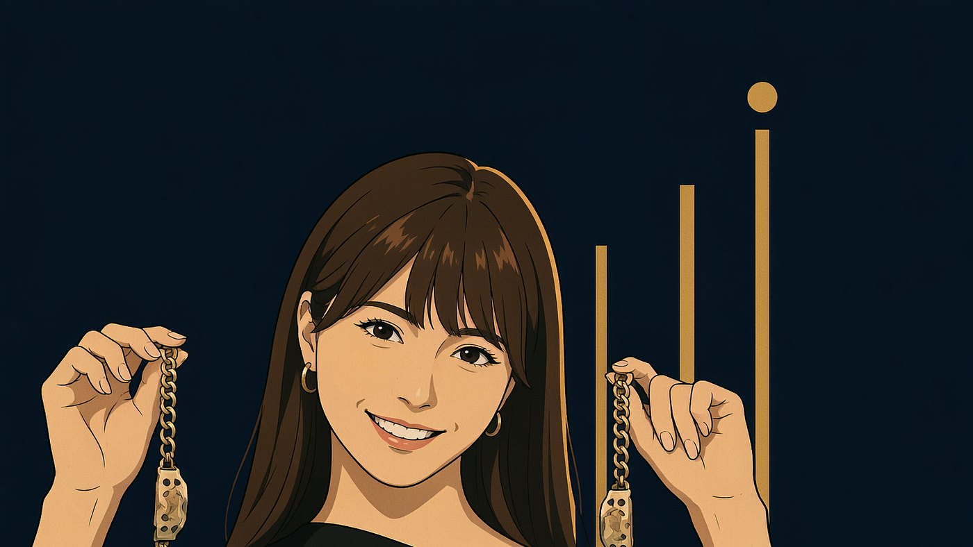 人物意象插图：一位三十多岁的东亚女性半身像，鹅蛋脸，眼睛细长，鼻梁不高，嘴唇自然上翘，深棕色长直发中分过肩；黑色斜肩长袖上衣，双手举在胸前握着一条细金属链饰，微笑正面看向观者；深靛蓝近黑底，暖金边光自右侧勾出轮廓；身后三条高度递增的暖金竖线并排，最右一条顶端收成一个实心小圆点