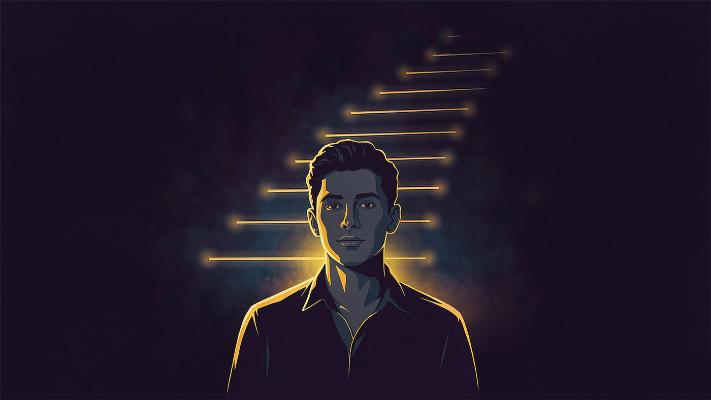人物意象插图：一位年轻男性半身居中，深靛蓝底色，暖金边光勾出轮廓；身后一道金色细线自下而上垒成一级级光阶，逐级升高、逐级更亮，画面上方留空
