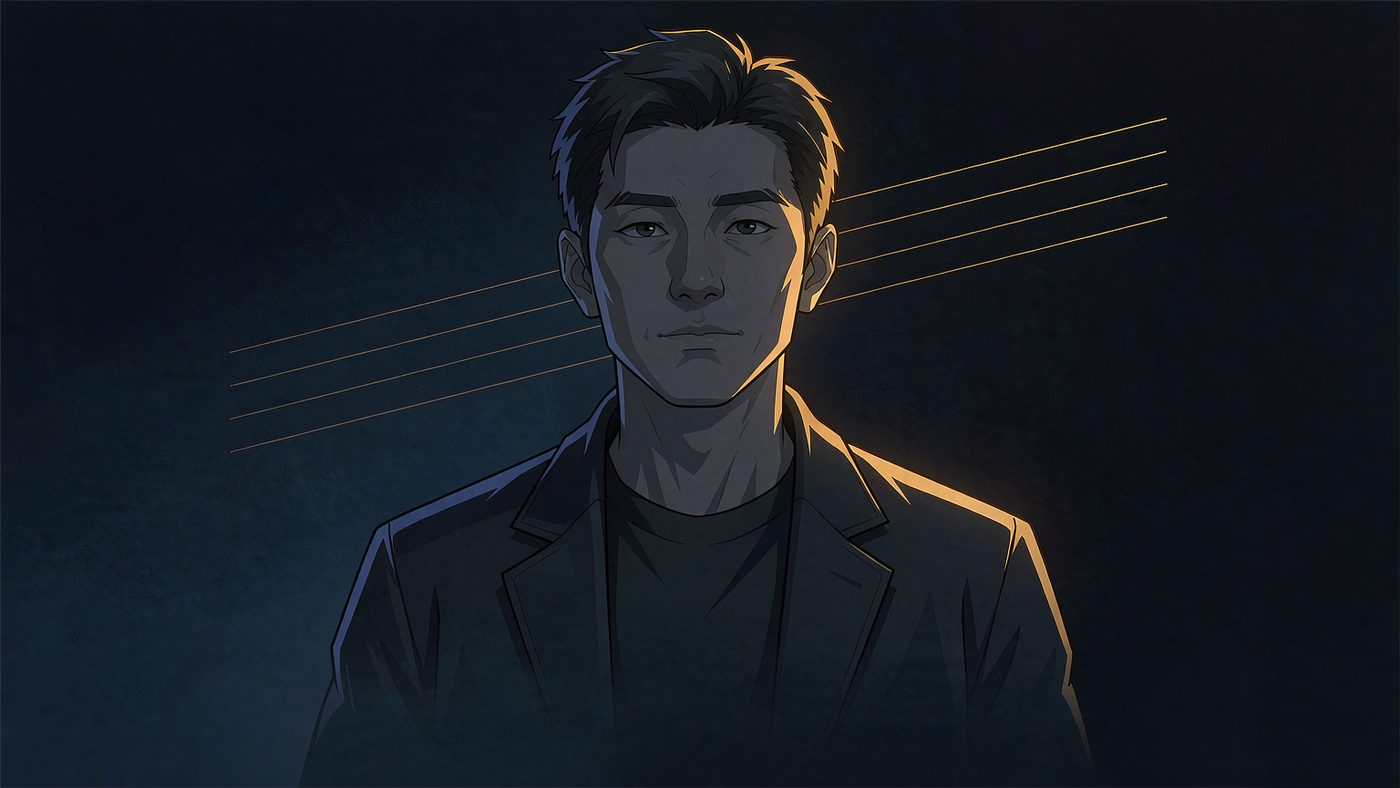人物志封面插画:一位三十多岁的中国男性半身居中,头部约占画面上三分之一,面朝前方,神情沉稳平和、嘴唇闭合、不笑;穿深色西装外套,内搭深色圆领。暖金色边光自观者右侧沿发际、颊线、颌线与同侧肩线勾出轮廓,轮廓另一侧另有一道冷蓝微光,面部暗面偏冷。冷深靛蓝近黑的背景上,四道极细的平行金色直线等距、同角、自左下向右上浅角上扬,互不交汇,被人物头部挡住,只在头两侧各露出数段;深色躯干在画面下缘自然融入暗底。