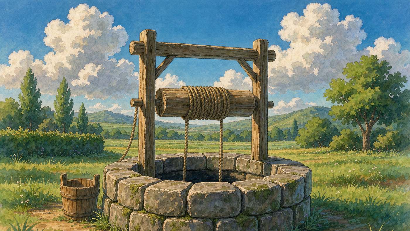 一个明亮的上午,蓝天和几朵白云占去画面上三分之一。画面中央偏左是一口老井,井台由灰石砌成一圈,石缝里长着青苔和野草;井上架着木制辘轳,粗麻绳在滚筒上绕了很密的一大卷,绳的两端垂进井里,井口里是暗的。井左侧的草地上放着一只空木桶。井右侧不远处立着一棵大树,左侧是一带灌木,身后是绿色的丘陵与草地,草里散着白色小野花。暖光从右上方来,木架、石块和桶身上都留着清楚的亮面与暗面。