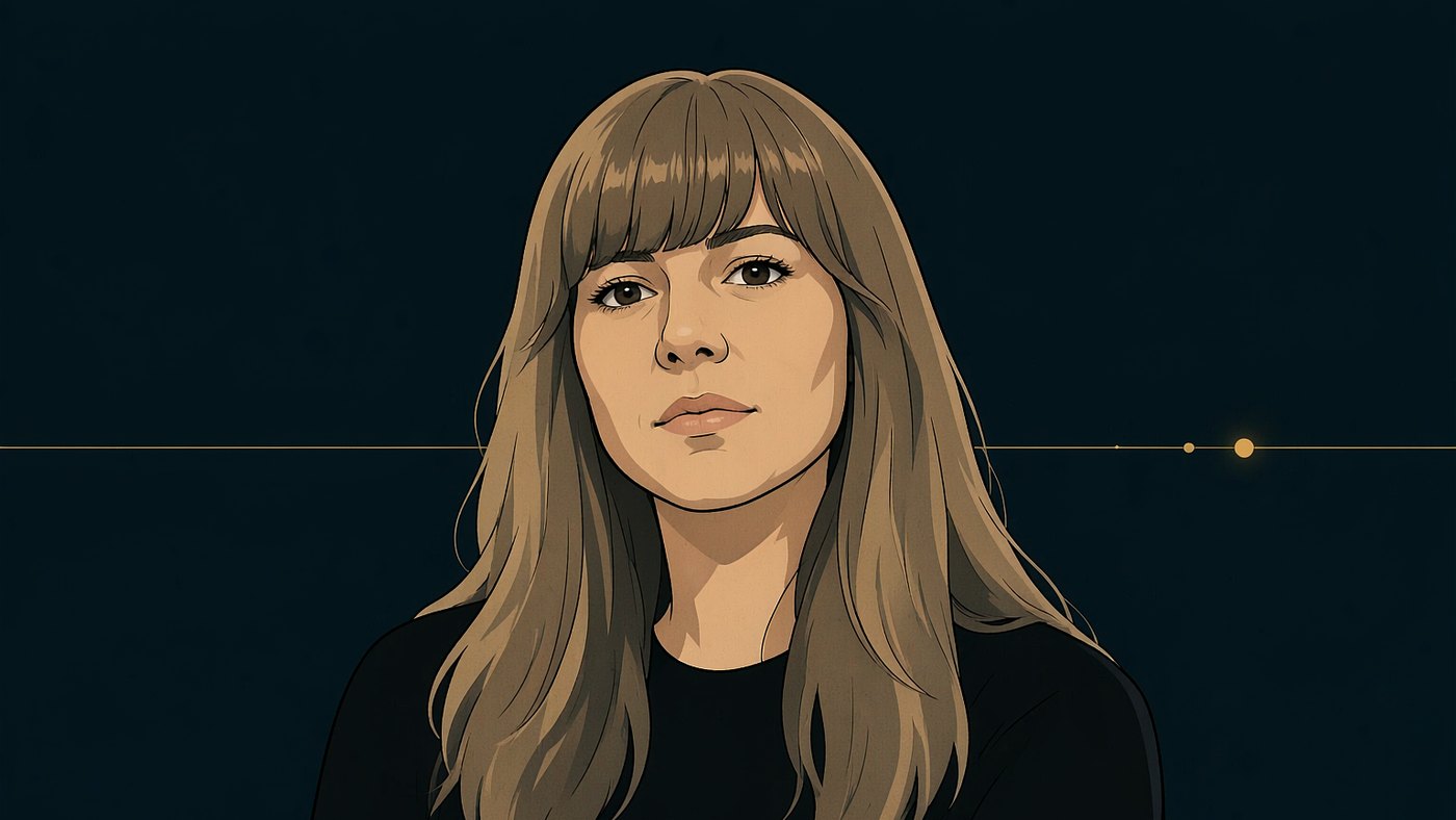 人物志封面插画:一位三十多岁的白人女性,半身居中、面部正对观者略偏三分侧,双唇闭合、神情平静。长发为浅棕金色、垂过肩,额前是齐眉直刘海、额头被刘海遮住;中棕色眉、深棕色杏眼、鼻梁细直而鼻尖圆、嘴唇饱满、脸型偏圆、面颊饱满、下颌线条柔和。上身穿黑色圆领上衣;躯干自然融进暗底,画面下缘没有横切边。暖金色边光自画面右侧勾出头发、颊线与肩线,暗面偏冷。背景为深靛蓝近冷黑的空场,人物身后一道极细的暖金水平线横贯画面,线在人物轮廓处被遮住、未压在脸部之上;线所在的上下各有一组实心暖金小圆点,其中最靠右的一枚明显更大更亮。画面内无任何文字、数字、字母或图案,也没有手。