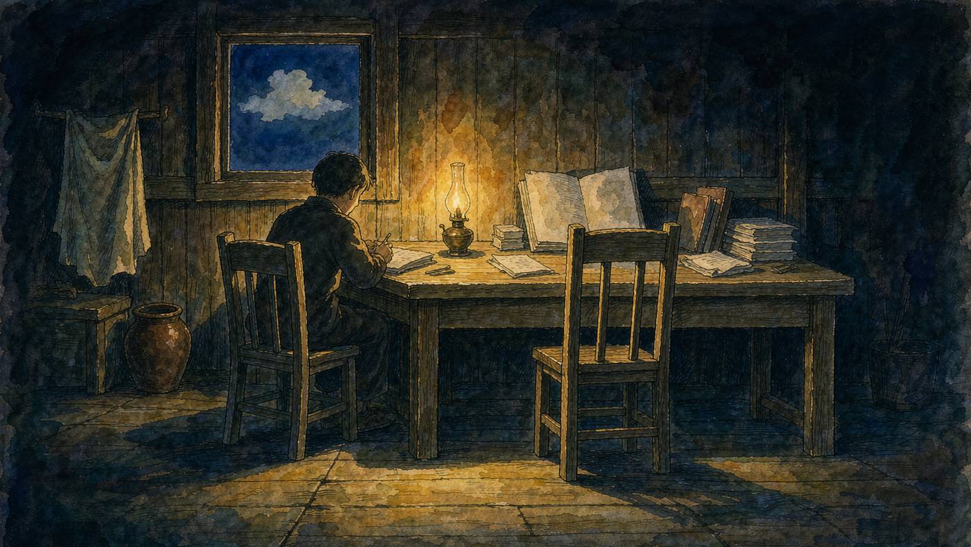 深夜里的一间木屋，一位普通人的背影低低地坐在一张长木案的一端，伏在案上摊开的一厚册空白页前；案头搁着一盏点亮的灯，是屋里唯一的光；长案另一头立着一把空着的木椅，没有坐人；身后的木墙上开了一扇小窗，窗外是深蓝的夜空和一大朵被月光描出银边的云；左侧墙边挂着布巾、搁着一只陶罐，人物没有露脸，画面里也没有任何文字