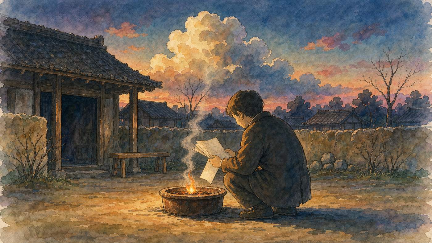 黄昏的农家院落里,一位普通人的背影蹲在一只圆陶火盆旁,手里捏着几张素白的纸片,其中一张的纸边正触到盆里一小簇暖橙色的火苗,一缕细烟升起;身后是低矮的土墙与木檐门廊,旁边搁着一条木凳,远处是成排的瓦顶村舍与几棵树,天上一大朵被夕阳照亮的积云,人物没有露脸,画面里也没有任何文字