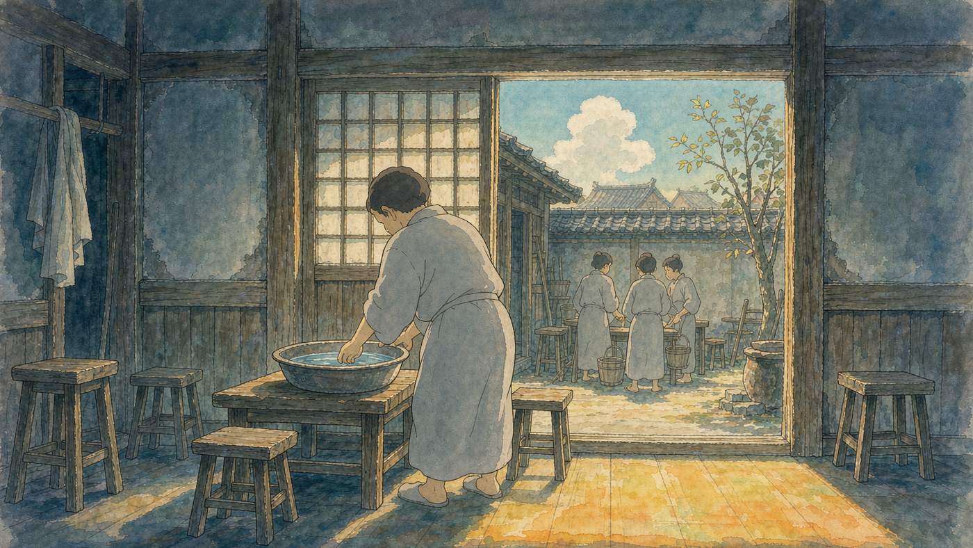清晨的简朴厅堂里,一位普通人的背影俯在一张矮木案前,案上一只浅陶盆盛着清水;他身后敞开的木格门通向小院,院里三个人影背对画面站在低矮的瓦檐前,院中有一棵小树和一口水缸;左侧墙边摆着几条木凳,一道暖金色的晨光从门口斜照在木地板上,人物没有露脸,画面里也没有任何文字