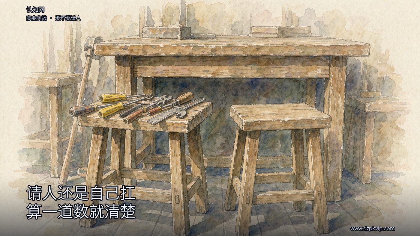 素木地板上的工作台前并排立着两只木凳:左边那只上面搁着正在用的手工具、带着使用的痕迹;右边那只完全空着、没人碰过;两只都没有上漆、没有刻字;一侧的光落在台面、木凳与地板上;画面里没有人物,也没有任何文字
