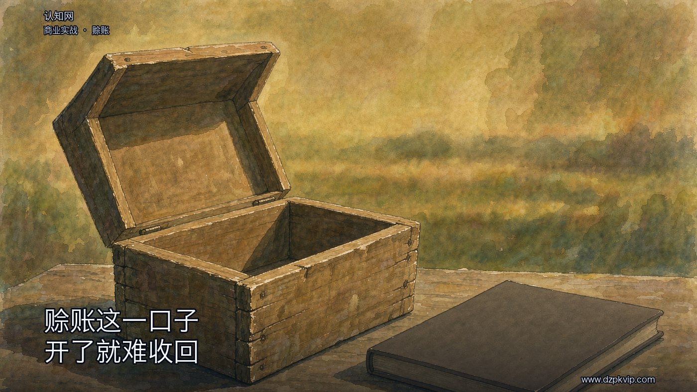 一张旧木桌上放着一口敞着盖的木箱,里面已经空了、东西被取走了;旁边摊着一本封面素净、没有任何字的册子;木箱与册子都无字无标记;一侧的天光落在空箱、册子与桌面上;画面里没有人物,也没有任何文字