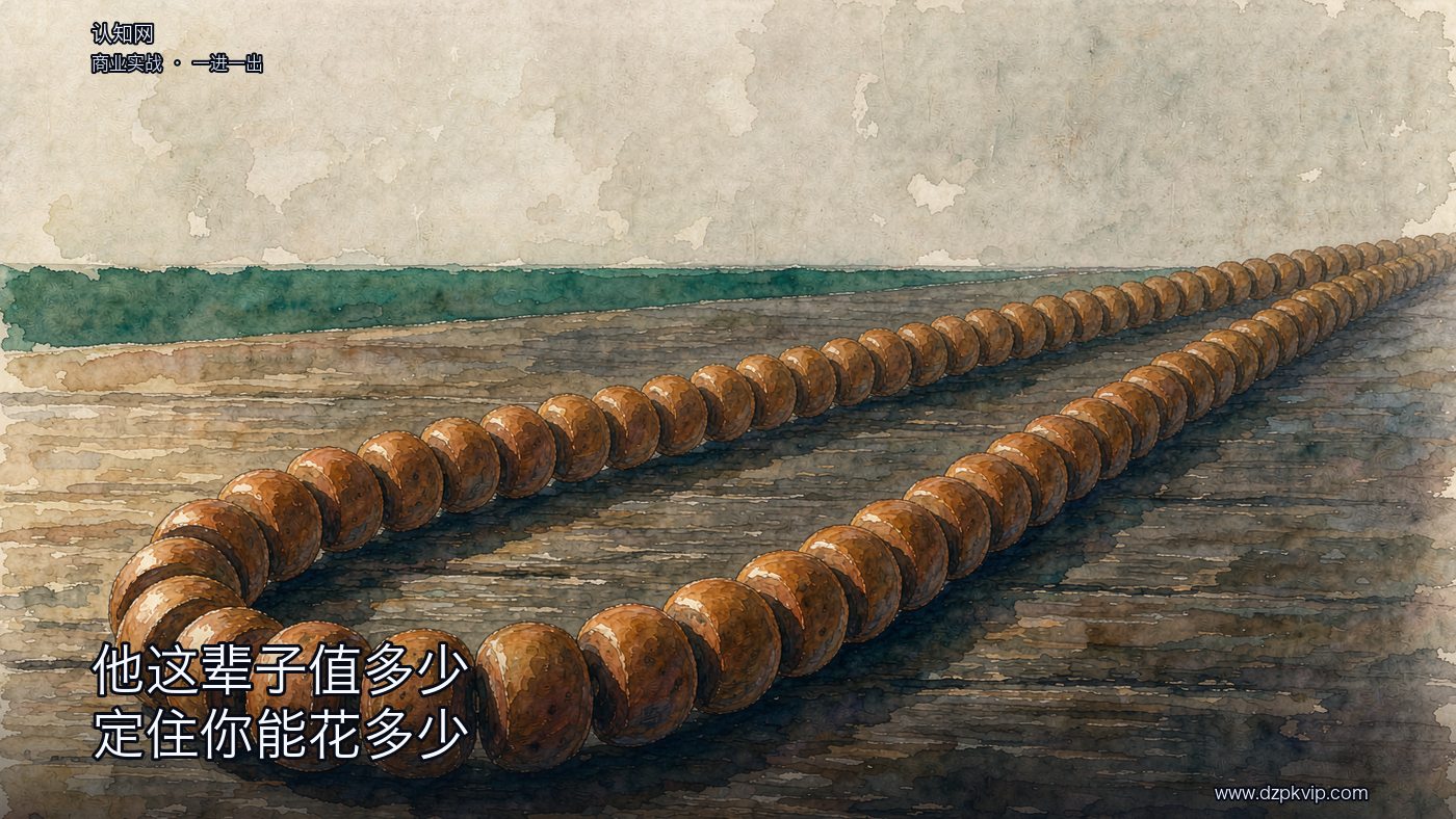 一串素净的木珠横陈在一张磨旧的深色木桌上,从画面近处一直延伸到远处、出了画外;珠子没有上色也没有刻字;一侧的低光落在木珠的纹理与桌面上;画面里没有人物,也没有任何文字