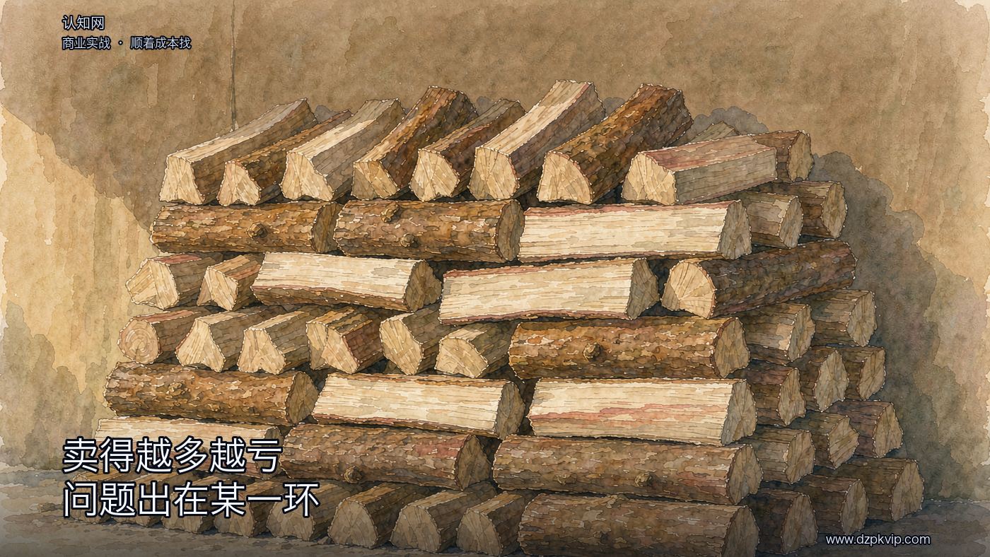 一堆粗劈的木柴靠着素墙码着:底下几层码得齐整,越往上越往外斜,最上面几层明显不稳、像是要滑下来;旁边没有人在;午后的光从左侧斜扫过木柴的断口;画面里没有人物,也没有任何文字