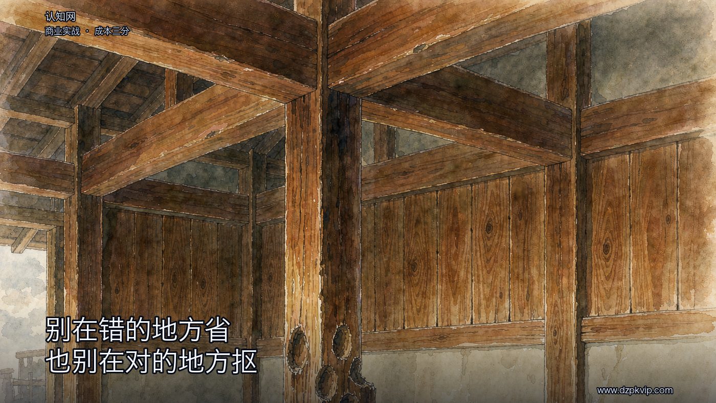 一间素净的老木屋里，一根粗立柱顶着上头的横梁；柱子靠下的地方留着几道旧砍痕，木头在那里显得毛糙；四壁是素板，什么都没挂；一侧门外透进来的光照在立柱上；画面里没有人物，也没有任何文字