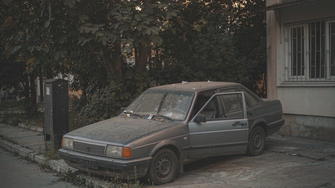 街角停着一辆旧车,一扇车门虚掩着,地砖缝里长出了杂草,天色阴沉,色调灰暗;画面里没有人物,也没有任何文字