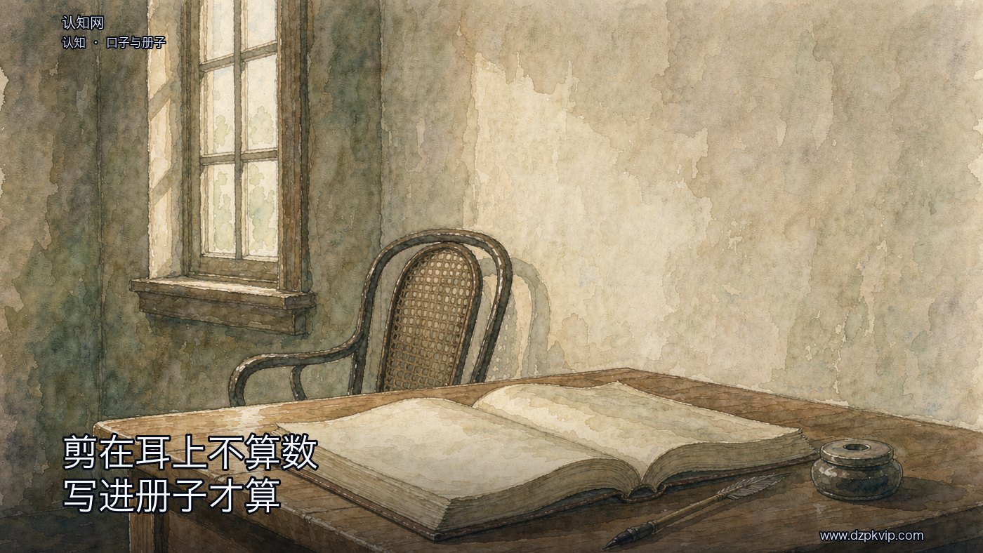一间安静的旧屋里,一张深色旧木桌上摊开着一本厚厚的空白登记册,纸页泛黄,旁边放着一支旧笔和一只小墨水瓶;左侧木窗透进来的天光很软,落在纸页和桌面上;画面里没有人物,也没有任何文字