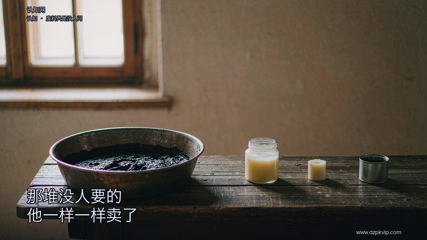 一间旧作坊的长木台上，左首摆着一只深色浅盆，盆里是又黑又稠、看不出是什么的东西；木台右首隔开摆着三样：一只没贴任何标的小玻璃罐，里面是浅色的膏；一小块浅色的蜡；一只小铁罐，装的是深色的油；左首高窗透进来的天光很软，落在台面上；四周是刷过灰浆的墙面，色调低饱和；画面里没有人物，也没有任何文字