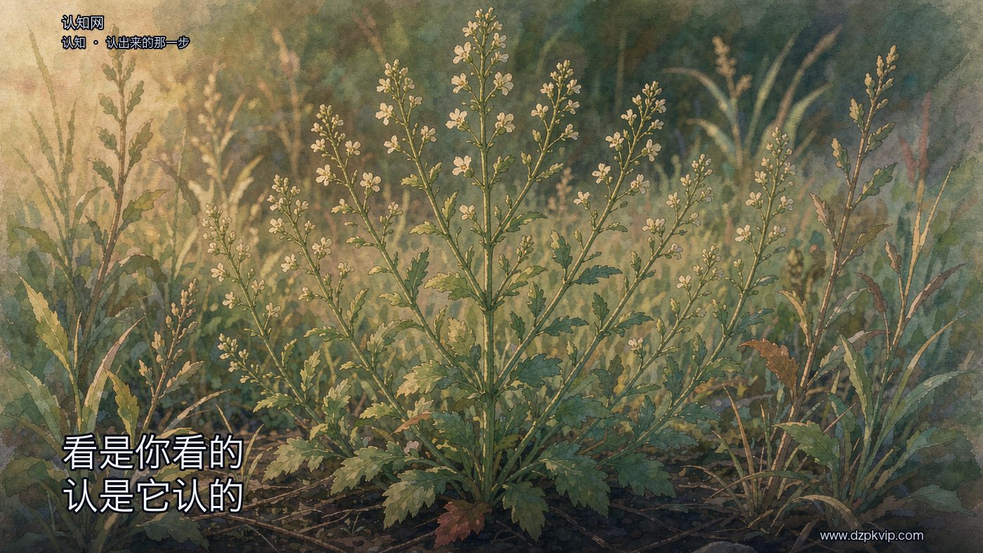 路边一小片普通的野草,低低地贴近地面;中间一株开着细小的浅色花、叶片边缘带着细齿,被柔和的天光照着,四周的同类草叶画得松软些;近处深色泥土上散着几块小石子和枯草叶;午后斜光从一侧低低扫过;画面里没有人物,也没有任何文字