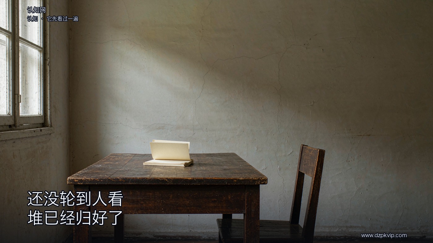一间空屋里,一张深色旧木桌横在画面下半部,桌面中央摆着一小叠素白对折的纸;桌旁的地板上立着一把空的木椅;左侧木窗透进来的天光很软,落在桌面和纸堆上;人字拼的旧木地板铺到墙根,墙面素净;色调低饱和;画面里没有人物,也没有任何文字