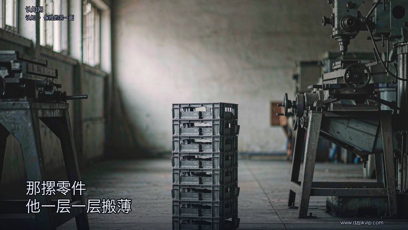 一间空荡的旧车间里,两道工序之间立着一摞叠起来的灰色周转箱,比膝盖还高,四周的地面大片空着;左右两侧各露出机床的深色底座,背后是一面素净的浅灰墙;天光从左侧高窗斜照进来,落在那一摞箱子上;画面里没有人物,也没有任何文字