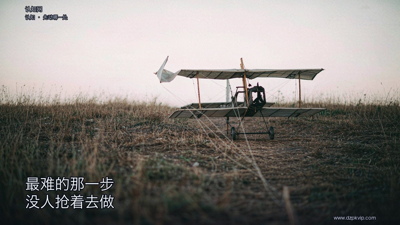 一片枯黄的开阔野地上,一架早期的双翼飞行器停在乱草里,细木支架撑起上下两层浅色布面机翼;左边那侧的翼尖被拧得朝上翘起,翼面因此歪出一道斜角,几根细索从机翼垂落到前景地面的木桩上;天光昏蒙,远处是一线低矮的地平线;画面里没有人物,也没有任何文字
